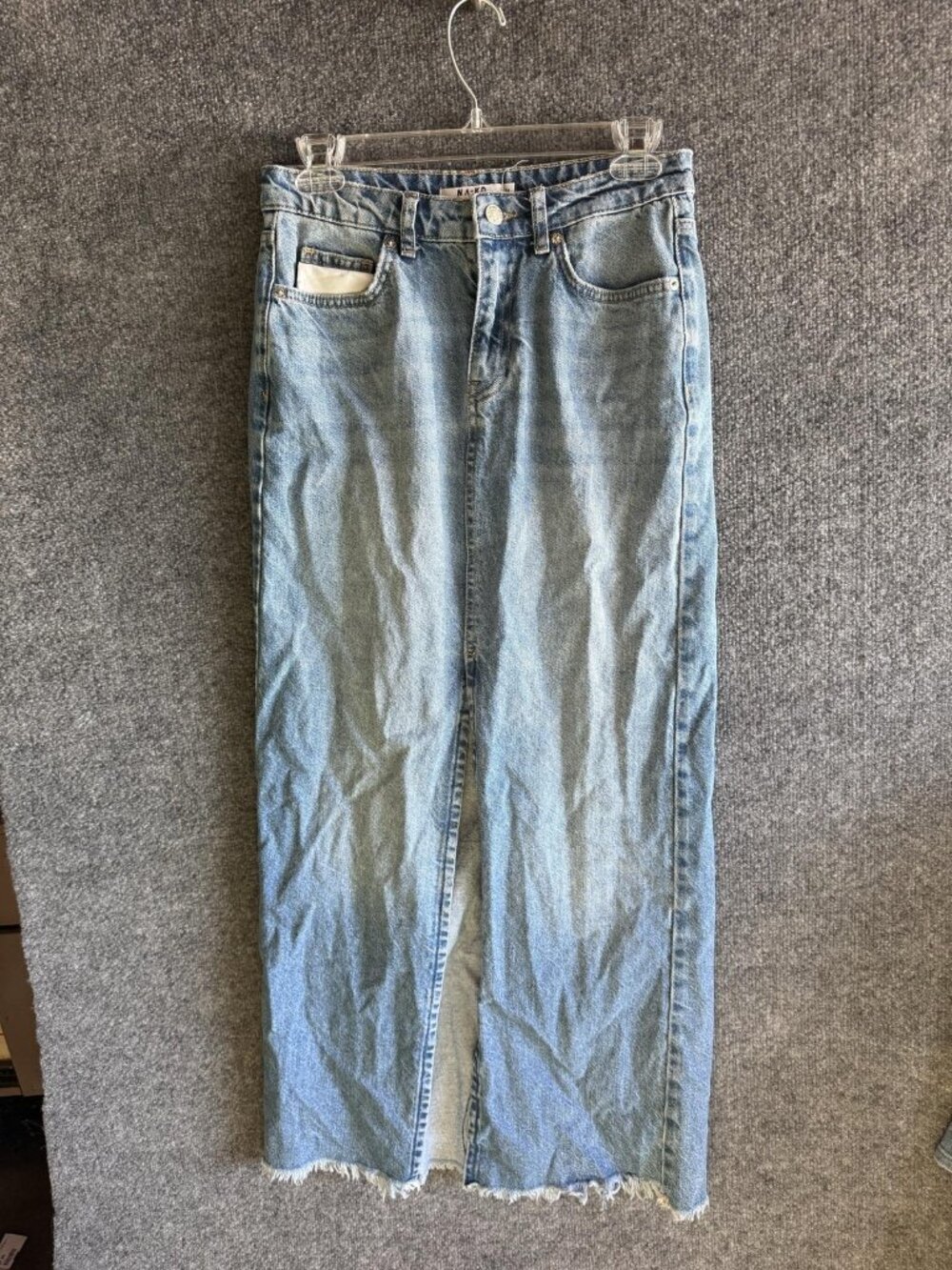 Nakd Skirt Womens 34 Blue Denim Long Maxi Front Slit Raw Hem 5 Pocket Casual